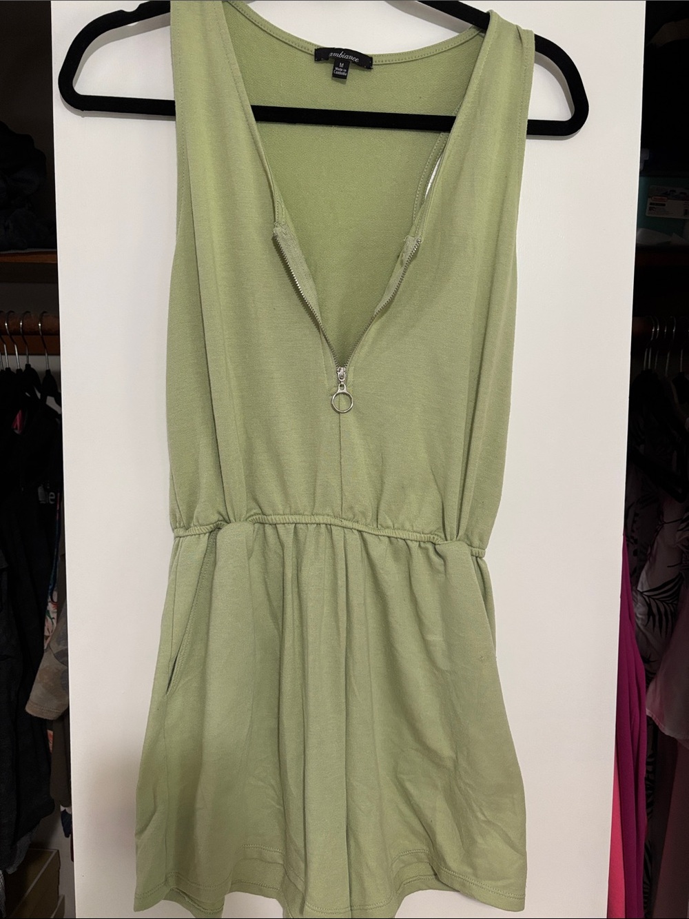 Ambiance Light Sage Zip-Front Sleeveless Romper - Size M